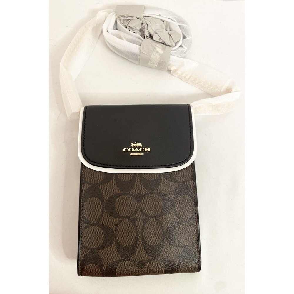 NEW Coach Canvas Signature Phone Mini Crossbody Dark Brown Logo Black Gold Chain